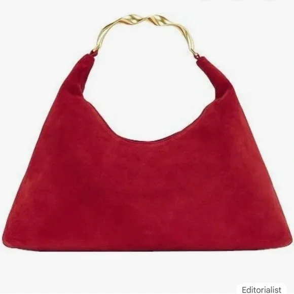 Red Suede Shoulder Bag with Sculpted Gold Handle - Picture 2 of 5